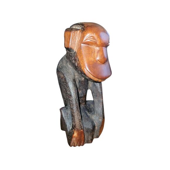 African Folk Art Baboon Statue Carved Wood Monkey Sculpture 7 1/4" Primitive Ape - Picture 1 of 6